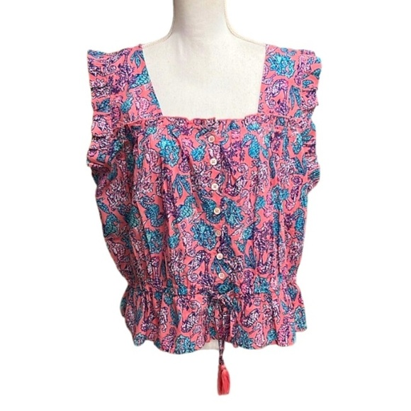 NWT Simply Southern Top Seahorses blue elastic waist sleeveless ruffle detail XL - Picture 1 of 12